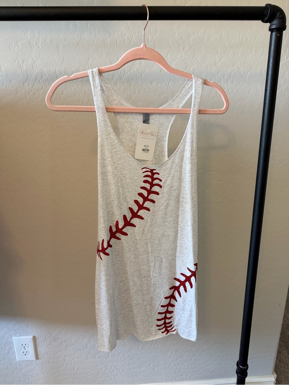 Baseball Stitch Graphic Tank Top - Light Heather Gray with Red Stitching